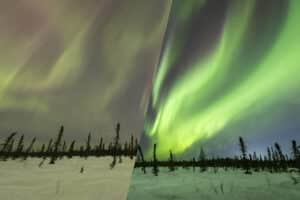 Before and after edits of an aurora photo